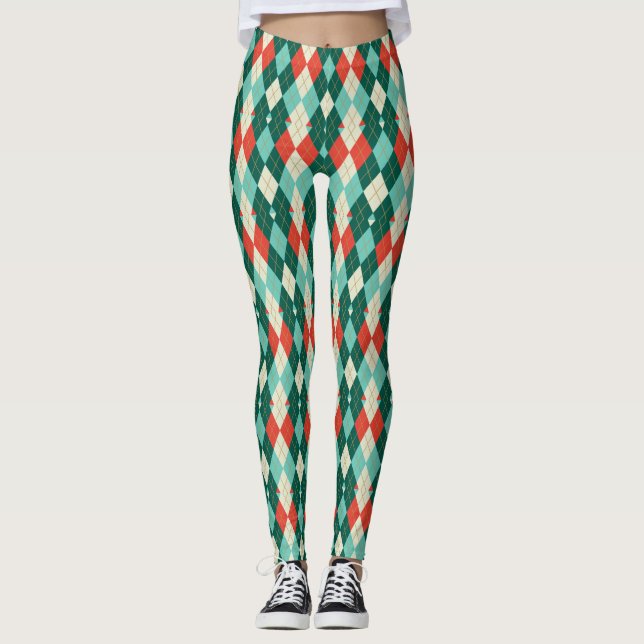 Red and Teal Christmas argyle retro geometric Leggings (Front)