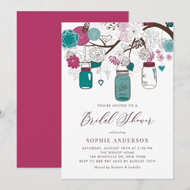 Red and Teal Mason Jars Bridal Shower Invitation (Front/Back)