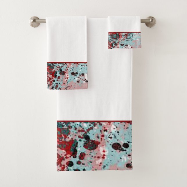 Red and teal splatters bath towel set (Insitu)