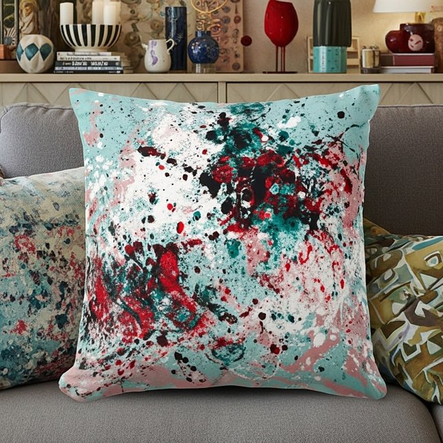 Red and teal splatters throw pillow (Creator Uploaded)