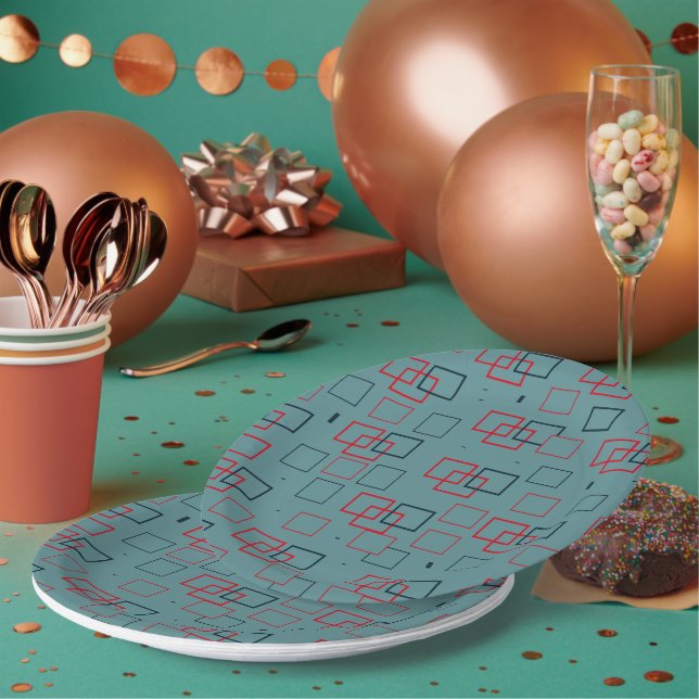 Red and Teal Squared Delight Paper Plate (Multi)