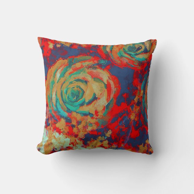 Red And Teal Vintage Floral Throw Pillow (Front)