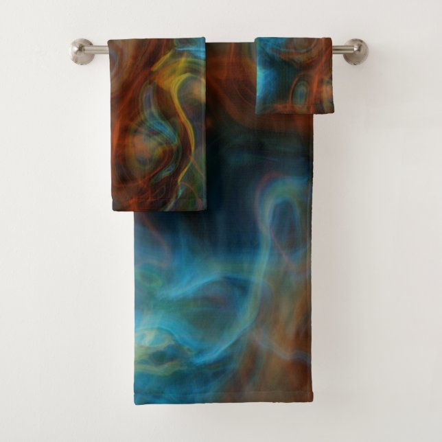 red and turquoise blue smoky Marble abstract Bath Towel Set (Insitu)