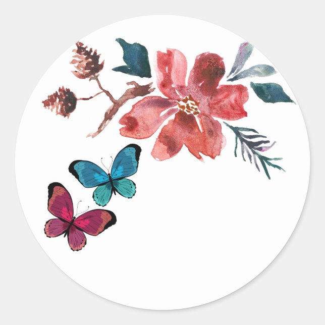 Red and Turquoise Butterflies and Flowers Classic Round Sticker (Front)