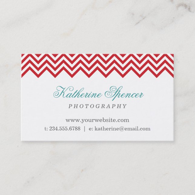 Red and Turquoise Modern Chevron and Polka Dots Business Card (Front)