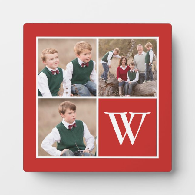 Red and White 3 Photo Collage Family Monogram Plaque (Front)