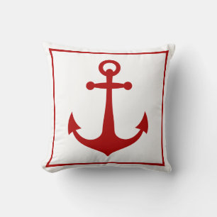 Red and White Anchor Nautical Boat Beach Throw Pillow