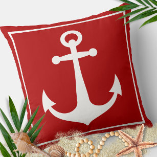 Red and White Anchor Nautical Boat Beach  Throw Pillow