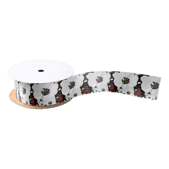 Red and White Anemone Blooms Pattern Floral Ribbon Satin Ribbon (Spool)