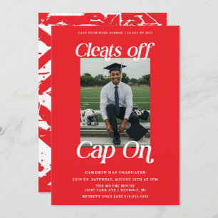 Red and White Athlete Graduation Cleats off Cap On Invitation