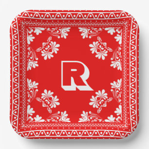 Red and White Bandana Design With Monogram Paper Plate