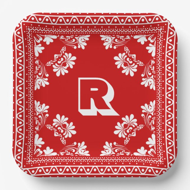 Red and White Bandana Design With Monogram Paper Plate (Front)