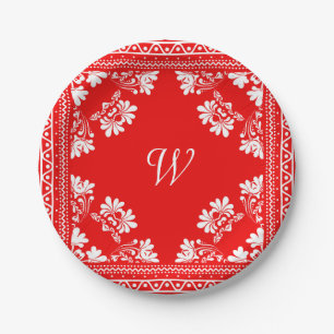 Red and White Bandana With Monogram Paper Plate