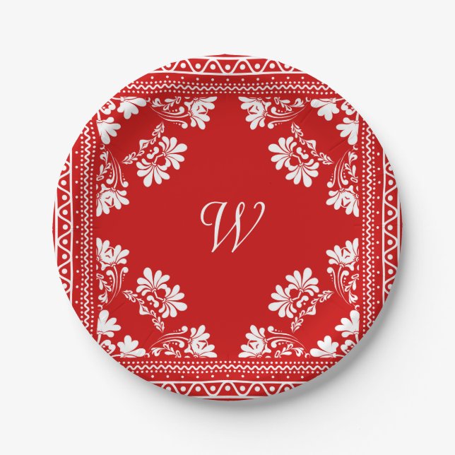 Red and White Bandana With Monogram Paper Plate (Front)