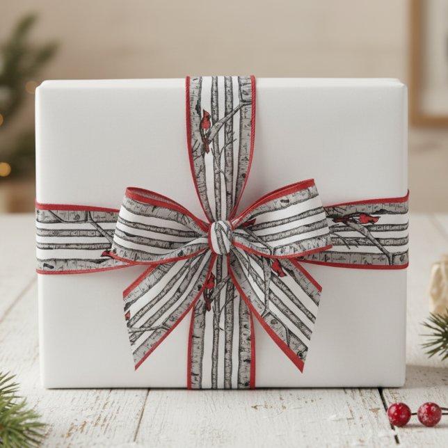 Red and White Birch Trees and Red Cardinal Birds Grosgrain Ribbon (Elegant Winter Red Cardinal Bird & Birch Trees Pattern Ribbon for Christmas. Nature Birds Gift Wrap)