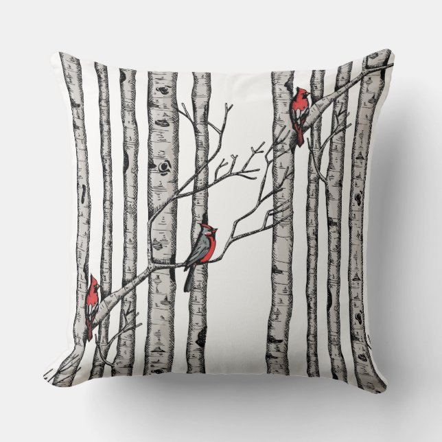 Red and White Birch Trees and Red Cardinal Birds Throw Pillow (Front)