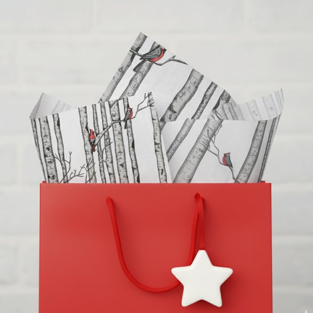 Red and White Birch Trees and Red Cardinal Birds Tissue Paper (Festive Winter Woodland Tissue Paper. Rustic Birch Tree and Red Cardinal Bird Pattern for Christmas)