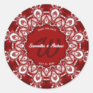 Red and White Bohemian Lace Save the Date Classic Round Sticker