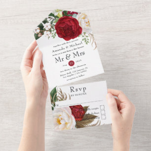 Red and White Boho Floral Wedding All In One Invit Invitation