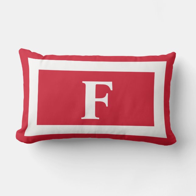 Red and White Bold Monogram Initial Outdoor Lumbar Pillow (Front)