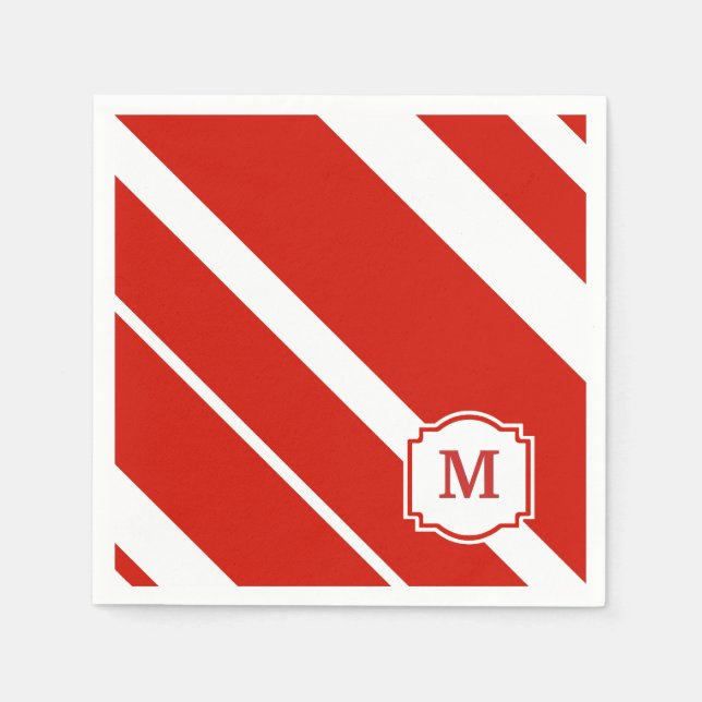 Red and White Bold Stripes Monogram Napkin (Front)