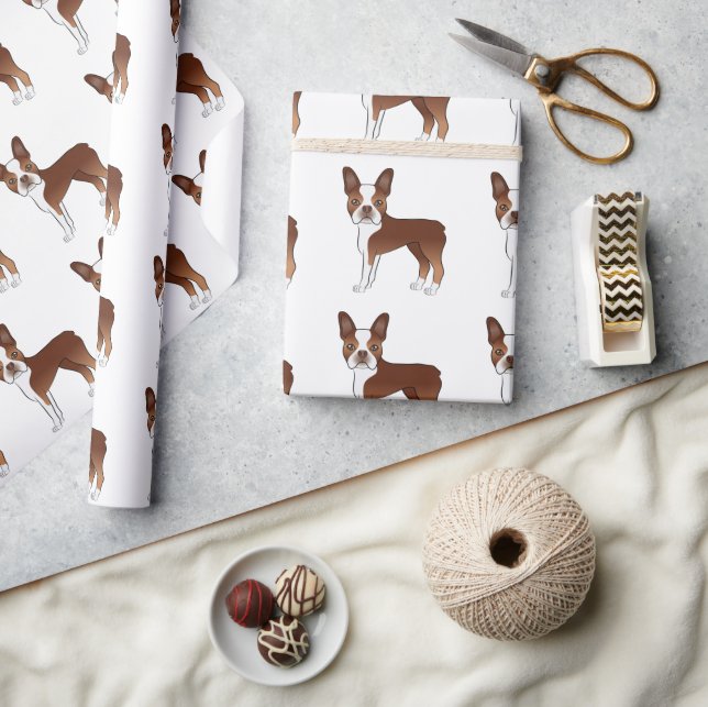 Red And White Boston Terrier Cartoon Dog Pattern Wrapping Paper (Crafts)