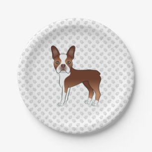 Red And White Boston Terrier Cartoon Dog & Paws Paper Plate