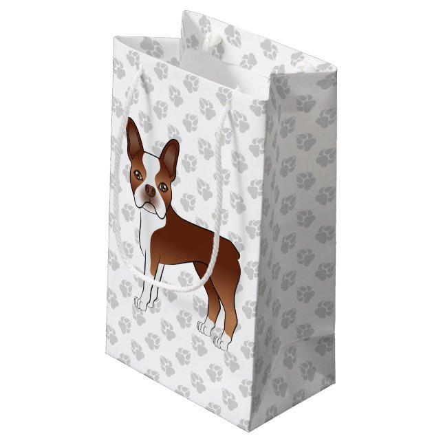 Red And White Boston Terrier Cartoon Dog & Paws Small Gift Bag (Back Angled)