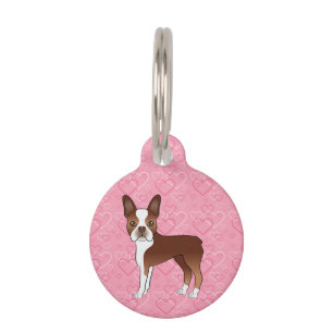 Red And White Boston Terrier Dog On Pink Hearts Pet Tag