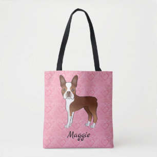 Red And White Boston Terrier Dog On Pink Hearts Tote Bag