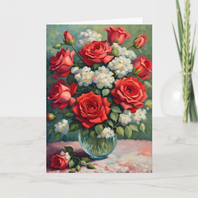 Red and White Bouquet Valentine Holiday Card (Front)