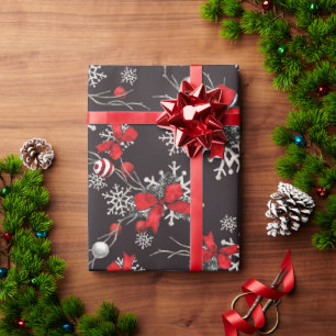Red and White Bows Ornaments Snowflakes on Black Wrapping Paper