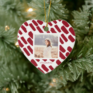 Red and White Brush Strokes with Photo and Name Ceramic Ornament