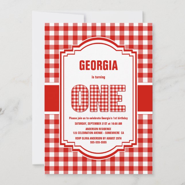 Red and White Buffalo Plaid 1st Birthday Party Invitation (Front)