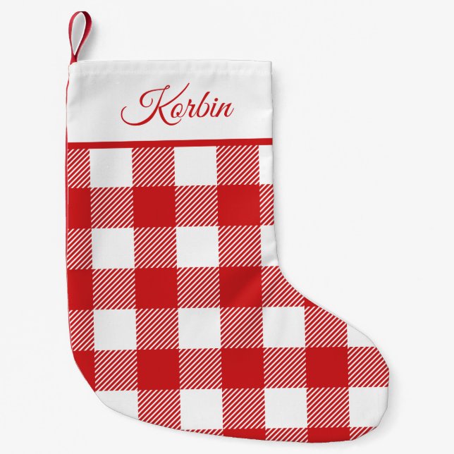 Red and White Buffalo Plaid Pattern Small Christmas Stocking (Front)