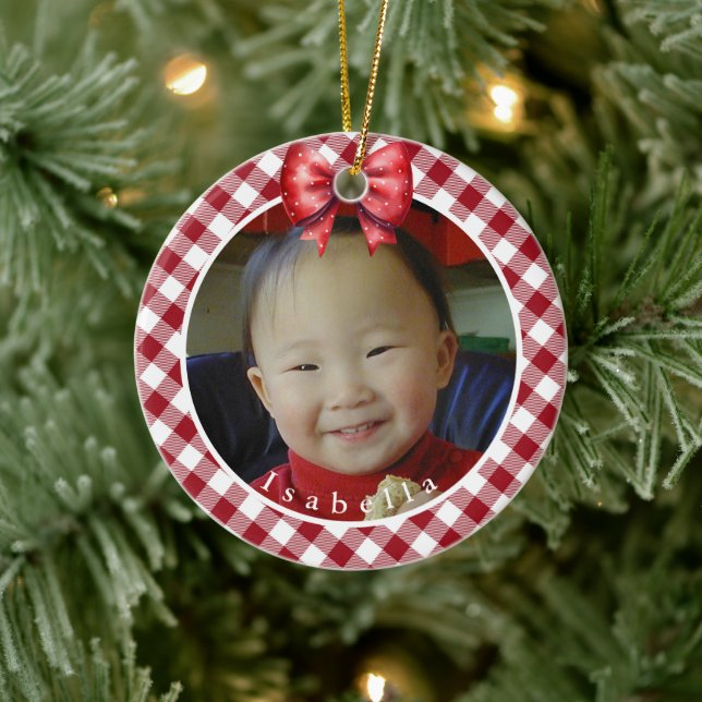 Red and White Buffalo Plaid  Personalized Photo Ceramic Ornament (Tree)
