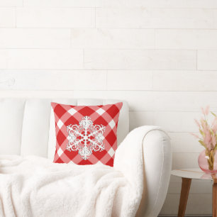 Red and White Buffalo Plaid with Snowflake Throw Pillow