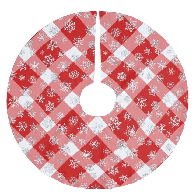 Red and White Buffalo Plaid with Snowflakes Brushed Polyester Tree Skirt (Front)