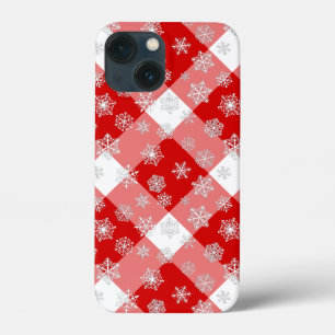 Red and White Buffalo Plaid with Snowflakes iPhone 13 Mini Case