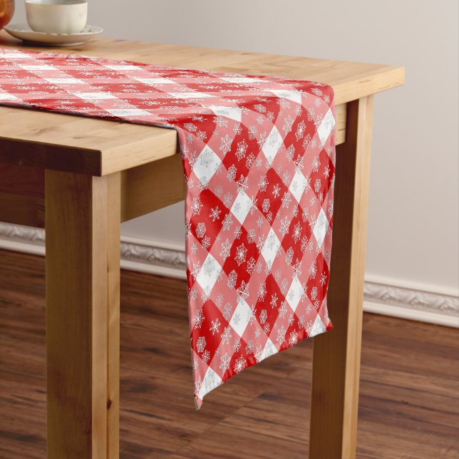 Red and White Buffalo Plaid with Snowflakes Short Table Runner (In Situ)
