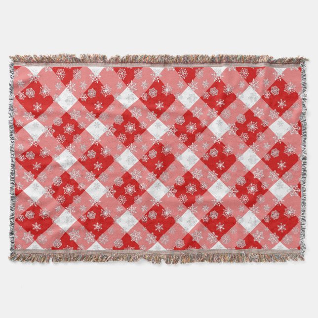 Red and White Buffalo Plaid with Snowflakes Throw Blanket (Front)