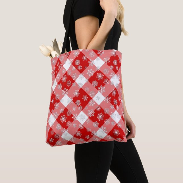 Red and White Buffalo Plaid with Snowflakes Tote Bag (Close Up)
