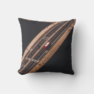 RED AND WHITE BUS RUNNING ON BRIDGE THROW PILLOW