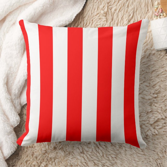 Red and White Cabana Stripes  Throw Pillow (Blanket)