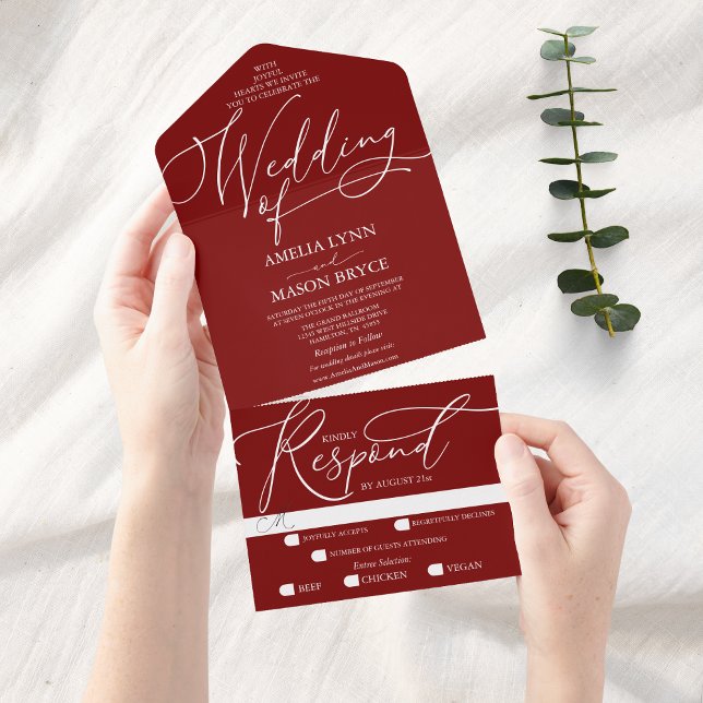 Red and White Calligraphy Script Wedding All In One Invitation (All in one Red Fancy Calligraphy Script Wedding Invitation)