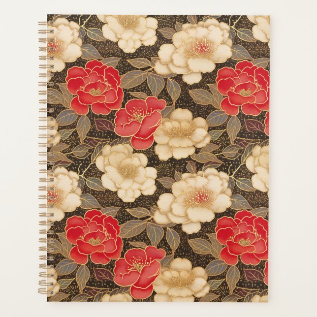 Red and White Camellias Chiyogami Planner (Front)