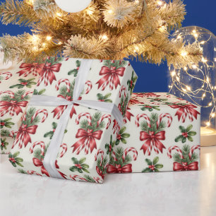 Red and White Candy Cane Ribbon Christmas Pattern Wrapping Paper