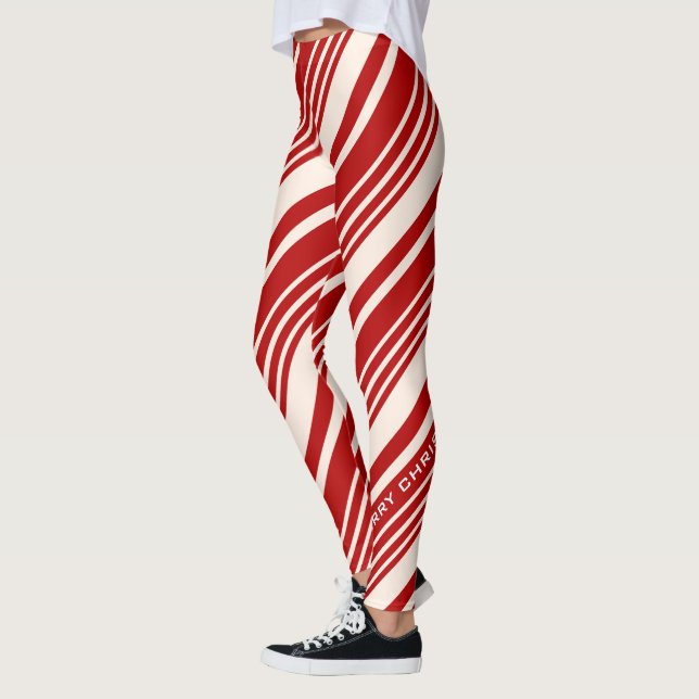 Red and White Candy Cane Stripe Merry Christmas Leggings (Left)