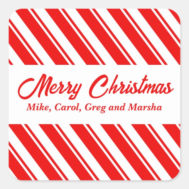 Red And White Candy Cane Striped Custom Christmas Square Sticker (Front)