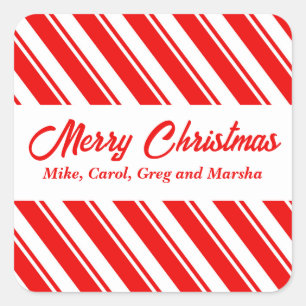 Red And White Candy Cane Striped Custom Christmas Square Sticker